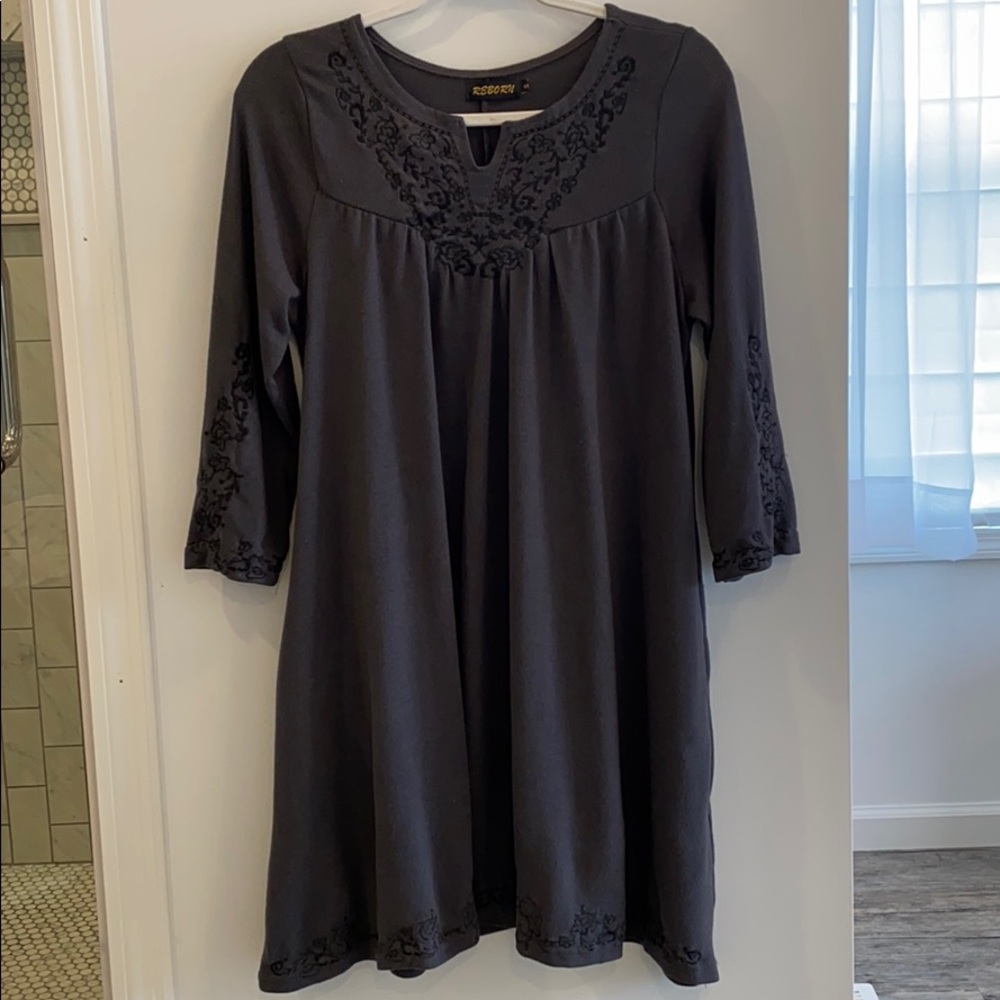Reborn Gray Dress w Pockets Embroidered Trim Small